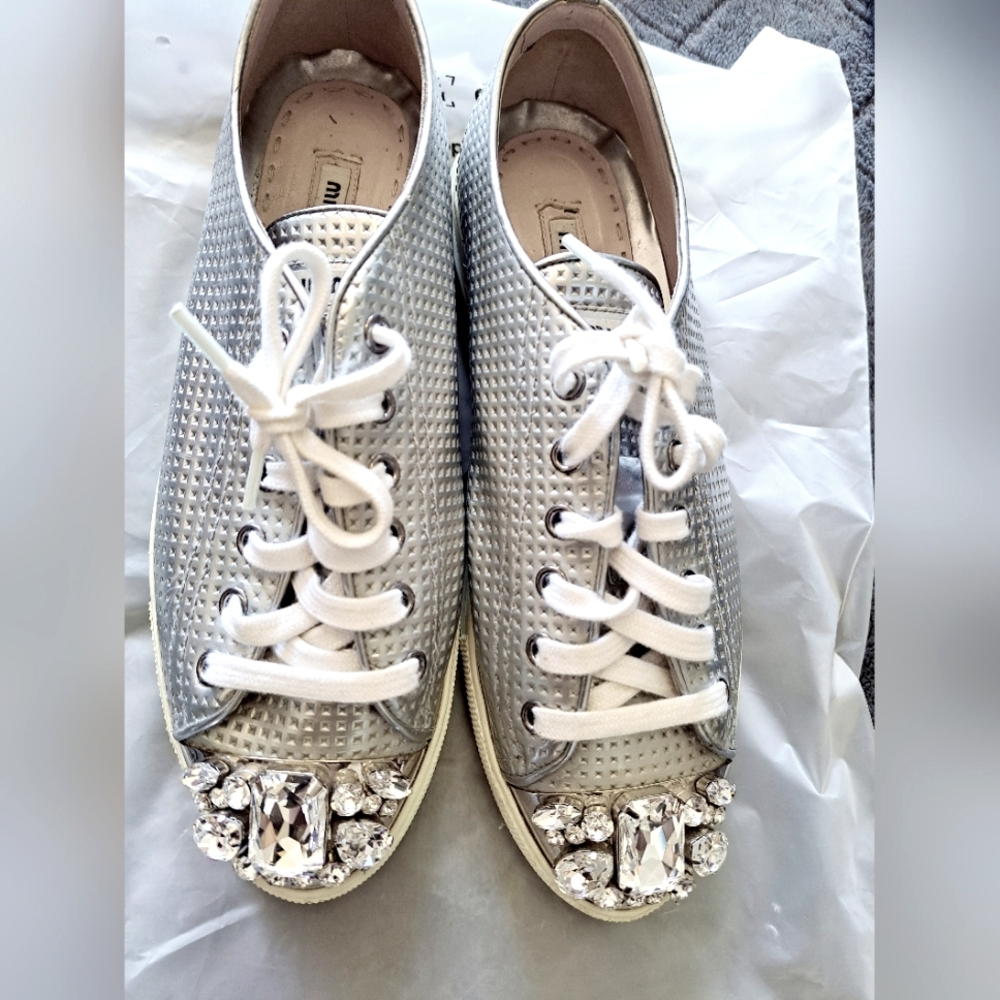 Miu Miu Ladies Swarovski crystal toe-cap sliver sneakers